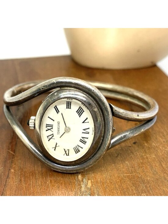 Townsand Women\'s Watch Vintage Manual Wind Made in France Sterling Silver Bangle